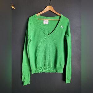 Abercrombie And Fitch V-Neck Green Long Sleeve Sweater Top Sz M White Moose Y2K